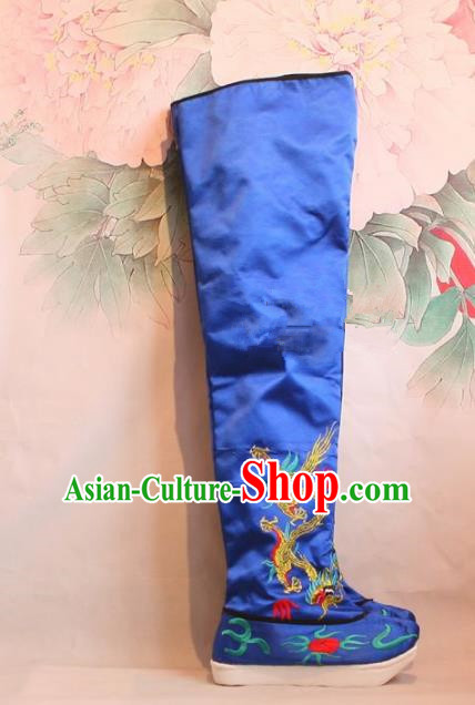 Chinese Traditional Beijing Opera Emperor Shoes Beijing Opera Takefu Blue Embroidered Boots for Men
