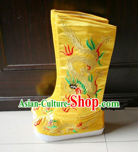 Chinese Traditional Beijing Opera Emperor Shoes Beijing Opera Takefu Yellow Embroidered Boots for Men
