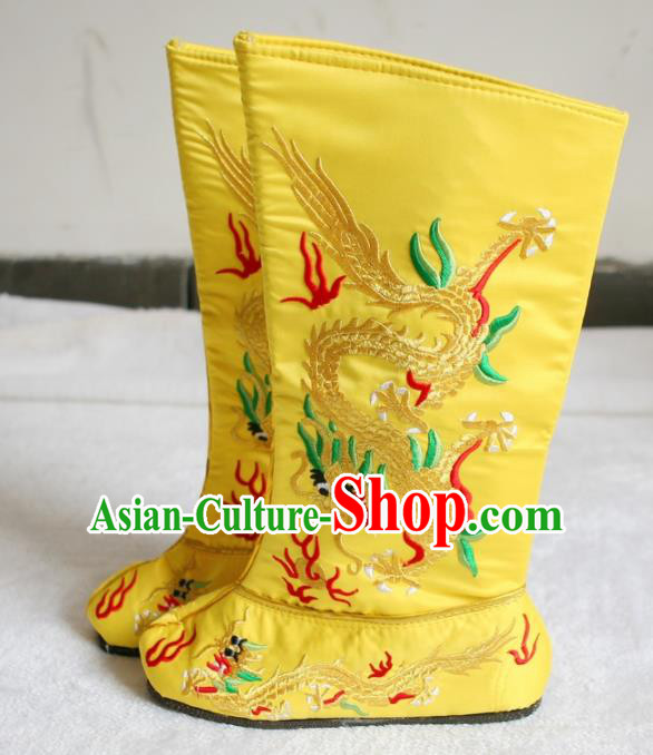 Chinese Traditional Beijing Opera Shoes Beijing Opera Takefu Yellow Embroidered Boots for Men