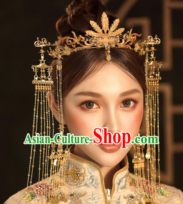 Chinese Ancient Golden Tassel Step Shake Wedding Hair Accessories Phoenix Coronet Traditional Hairpins for Women