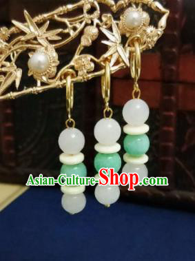 Chinese Ancient Green and White Beads Earrings Qing Dynasty Manchu Palace Lady Ear Accessories for Women