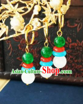 Chinese Ancient White and Green Beads Earrings Qing Dynasty Manchu Palace Lady Three Strings Ear Accessories for Women