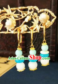 Chinese Ancient Three Strings Blue Beads Earrings Qing Dynasty Manchu Palace Lady Ear Accessories for Women