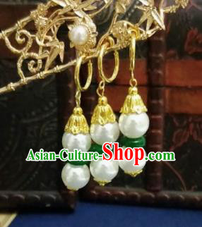 Chinese Ancient Pearls Earrings Qing Dynasty Manchu Palace Lady Three Strings Ear Accessories for Women