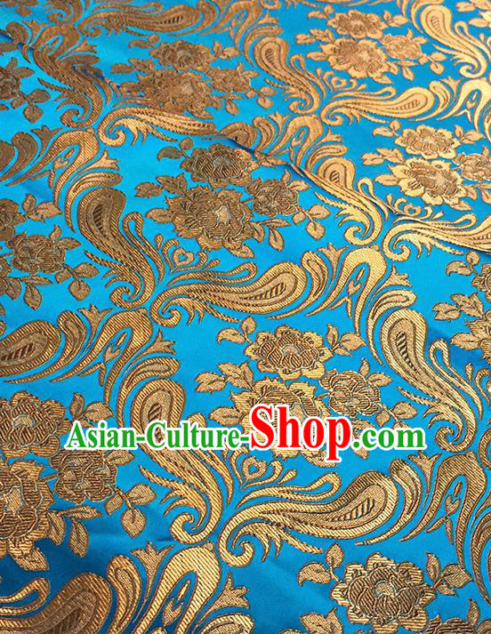 Asian Chinese Blue Brocade Traditional Peony Pattern Fabric Silk Fabric Chinese Fabric Material