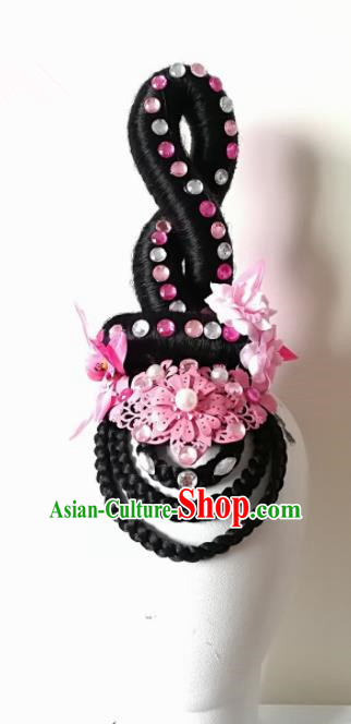 Chinese Traditional Beijing Opera Diva Hair Accessories Classical Dance Wig and Pink Flowers Headwear for Women