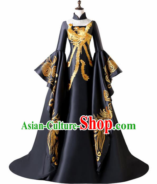 Chinese Traditional Phoenix Pattern Black Full Dress Compere Chorus Costume for Women