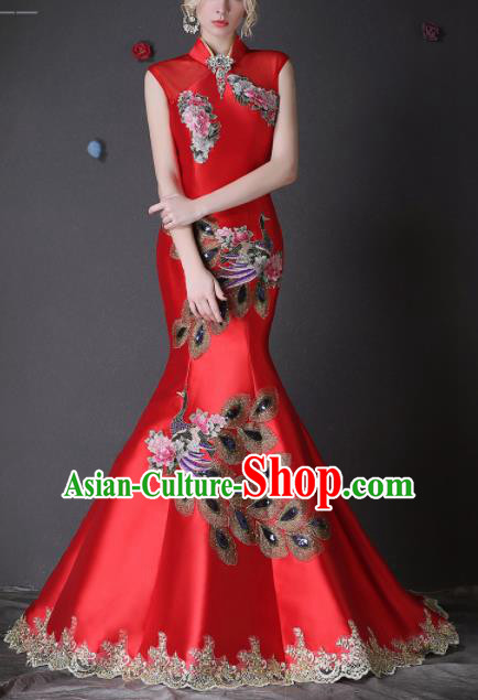 Chinese Traditional Compere Red Full Dress Embroidered Phoenix Cheongsam Chorus Costume for Women