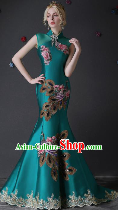 Chinese Traditional Compere Green Full Dress Embroidered Phoenix Cheongsam Chorus Costume for Women