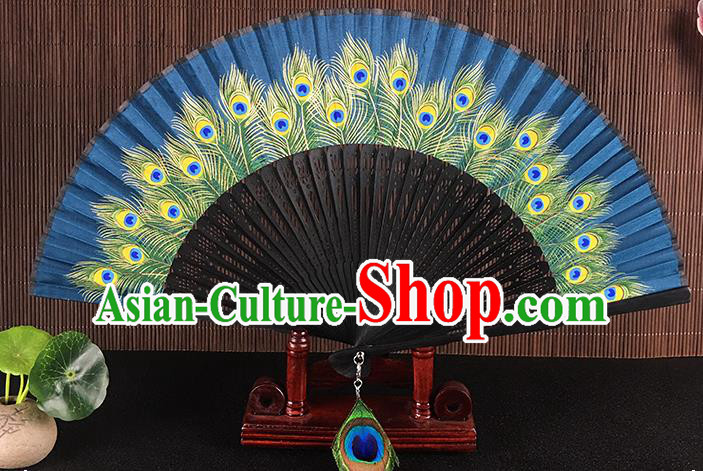 Chinese Traditional Craft Printing Peacock Feather Folding Fans