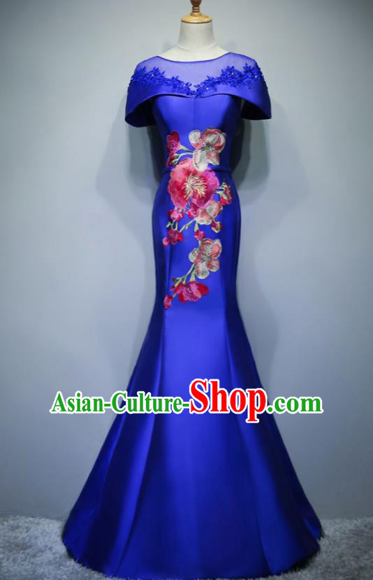 Chinese Traditional Embroidered Royalblue Full Dress Compere Chorus Costume for Women