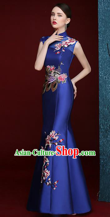 Chinese Traditional Compere Full Dress Embroidered Mangnolia Royalblue Cheongsam Chorus Costume for Women