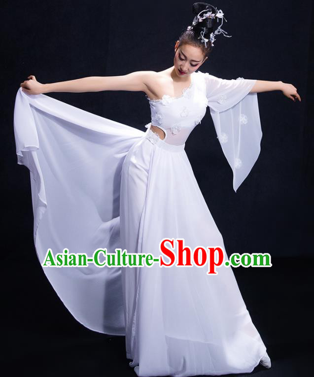 Chinese Traditional Umbrella Dance White Dress Classical Dance Costume for Women