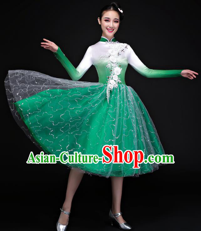 Chinese Traditional Chorus Folk Dance Green Dress Classical Dance Costume for Women