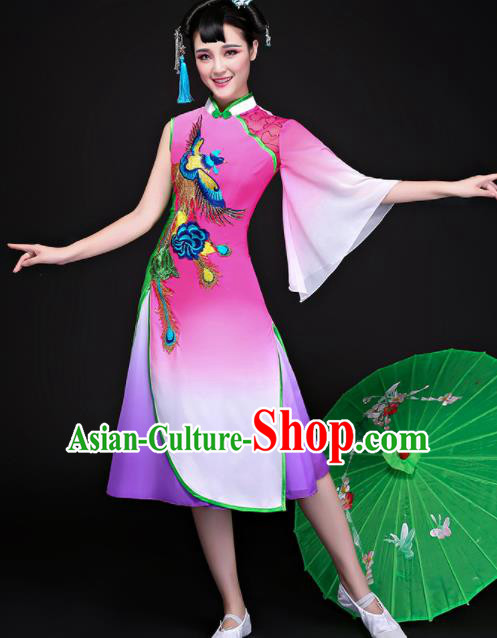 Chinese Traditional Folk Dance Rosy Dress Classical Umbrella Dance Costume for Women