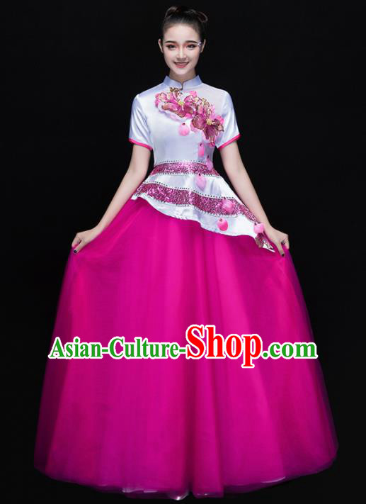 Professional Chorus Costumes Chinese Classical Dance Folk Dance Compere Rosy Dress for Women