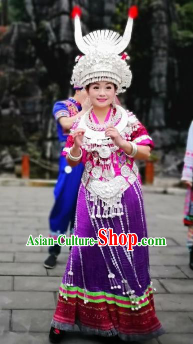 Chinese Traditional Miao Nationality Purple Dress Embroidered Wedding Costumes and Headpiece for Women