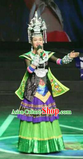 Traditional Chinese Miao Minority Embroidered Green Costumes and Headwear for Women
