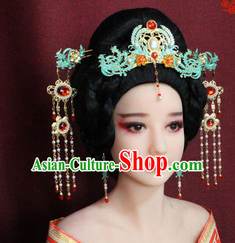 Chinese Ancient Queen Hair Accessories Imperial Empress Blueing Phoenix Coronet Hairpins for Women