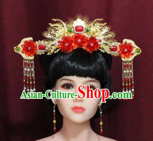Chinese Ancient Palace Red Peony Hair Accessories Handmade Tang Dynasty Princess Phoenix Coronet Hairpins for Women