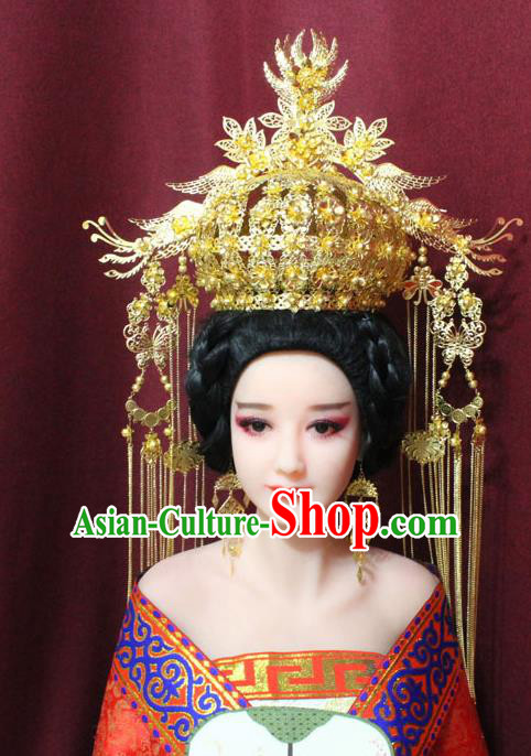 Chinese Traditional Handmade Hair Accessories Ancient Ming Dynasty Empress Golden Phoenix Coronet Hairpins for Women