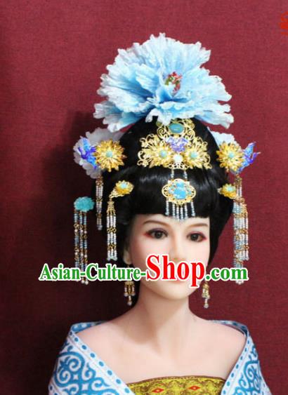 Chinese Handmade Imperial Consort Phoenix Coronet Blue Peony Hairpins Ancient Peri Hair Accessories for Women