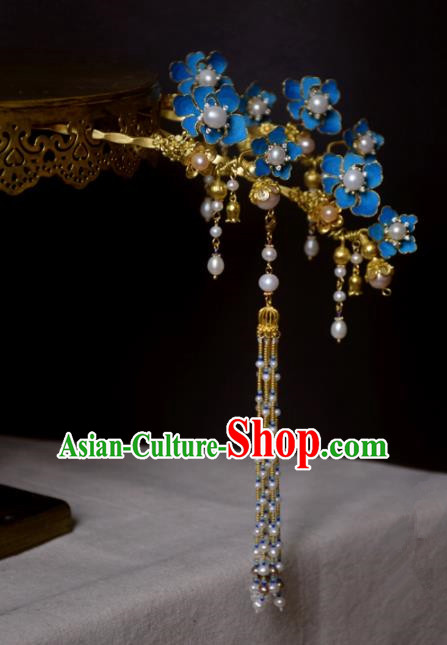 Chinese Handmade Princess Hanfu Blue Flowers Hair Clip Hairpins Ancient Hair Accessories for Women