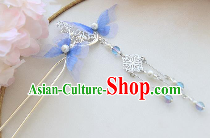 Chinese Ancient Hair Accessories Hanfu Blue Butterfly Hair Clip Handmade Hairpins for Women