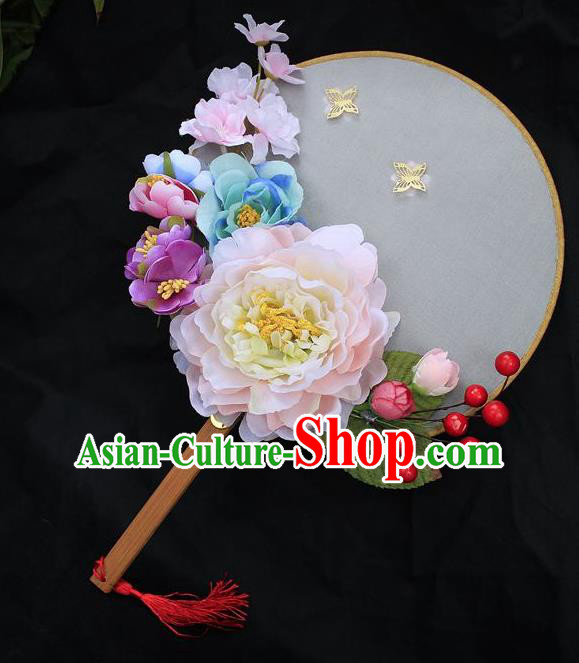 Chinese Traditional Palace Fans Ancient Wedding Pink Peony Round Fans for Women