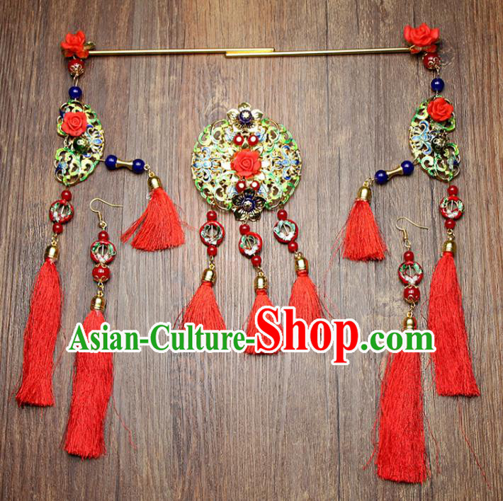 Chinese Ancient XiuHe Suit Bride Handmade Red Tassel Hairpins Hair Accessories Complete Set for Women