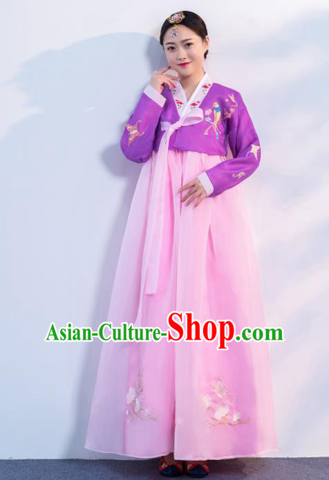 Asian Korean Traditional Costumes Korean Hanbok Purple Embroidered Blouse and Pink Skirt for Women