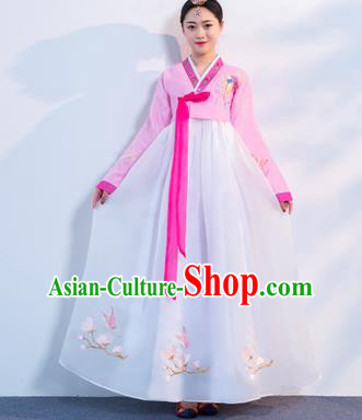 Asian Korean Traditional Costumes Korean Hanbok Pink Embroidered Blouse and White Skirt for Women