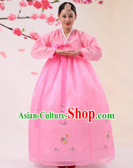 Korean Traditional Costumes Asian Korean Palace Hanbok Bride Embroidered Pink Blouse and Skirt for Women