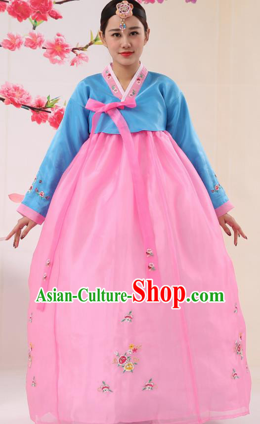 Korean Traditional Costumes Asian Korean Palace Hanbok Bride Embroidered Blue Blouse and Pink Skirt for Women