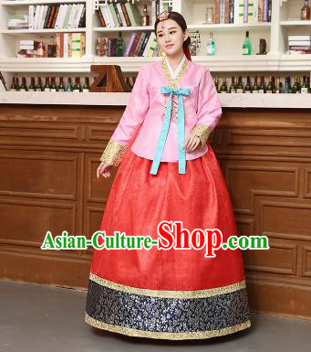 Korean Traditional Costumes Asian Korean Hanbok Palace Bride Embroidered Pink Blouse and Red Skirt for Women