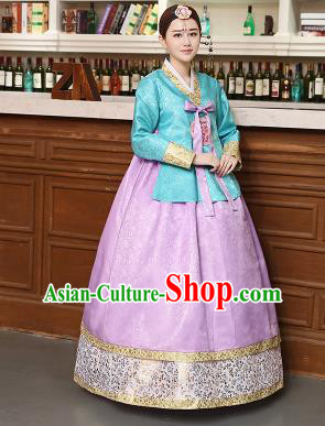 Korean Traditional Costumes Asian Korean Hanbok Palace Bride Embroidered Blue Blouse and Lilac Skirt for Women