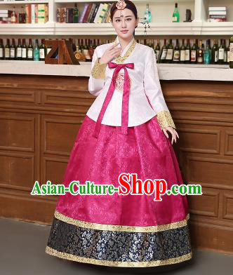 Korean Traditional Costumes Asian Korean Hanbok Palace Bride Embroidered White Blouse and Rosy Skirt for Women