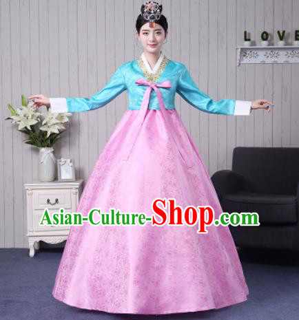 Traditional Korean Palace Costumes Asian Korean Hanbok Bride Blue Blouse and Pink Skirt for Women