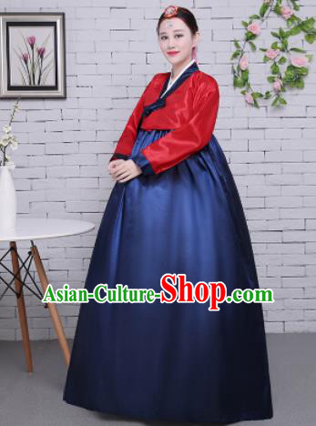 Korean Traditional Palace Costumes Asian Korean Hanbok Bride Red Blouse and Navy Skirt for Women