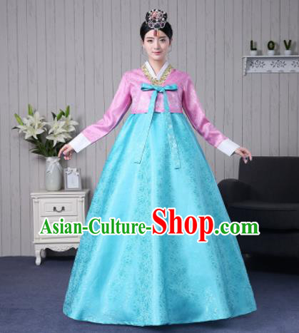 Traditional Korean Palace Costumes Asian Korean Hanbok Bride Pink Blouse and Blue Skirt for Women