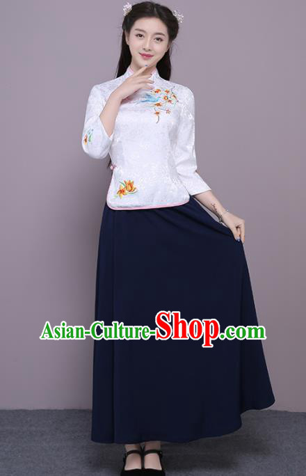 Chinese Ancient Bridesmaid Costumes Traditional Embroidered White Qipao Blouse and Navy Skirt for Women