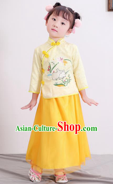 Chinese Ancient Republic of China Children Costumes Traditional Yellow Blouse and Skirt for Kids