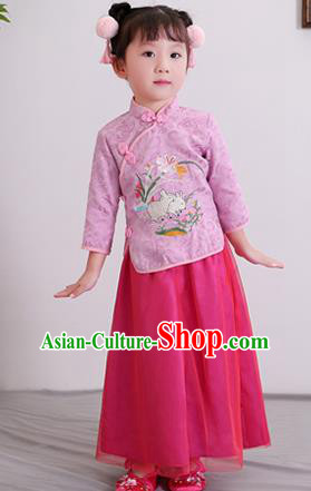 Chinese Ancient Republic of China Children Costumes Traditional Purple Blouse and Skirt for Kids