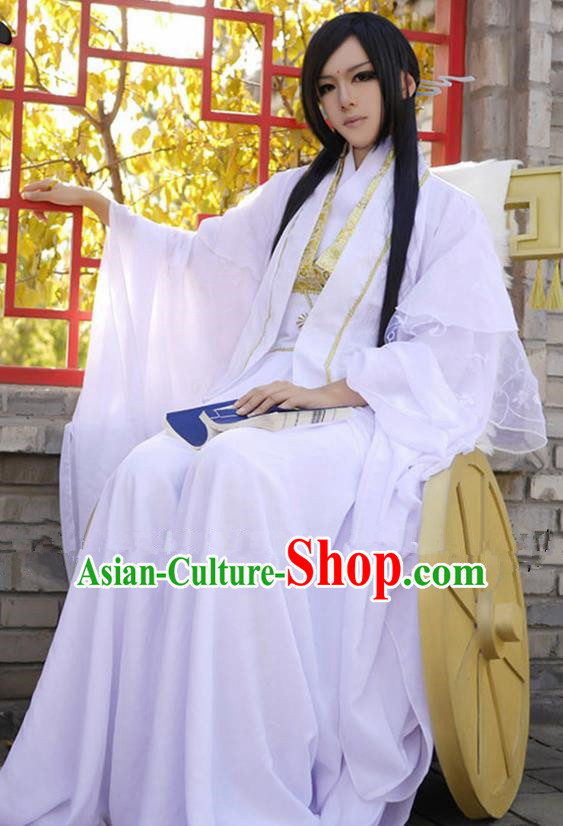 Chinese Ancient Swordsman White Hanfu Han Dynasty Nobility Childe Costume for Men