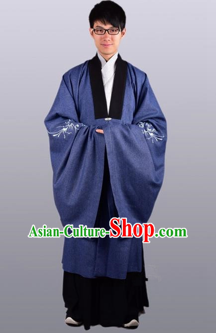 Chinese Ancient Traditional Ming Dynasty Taoist Priest Costume Scholar Blue Cloak for Men