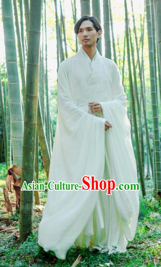 Chinese Ancient Traditional Jin Dynasty Scholar Swordsman Hermit White Costumes for Men