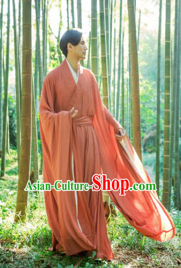 Chinese Ancient Traditional Jin Dynasty Scholar Swordsman Hermit Orange Costumes for Men