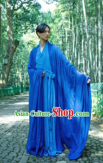 Chinese Ancient Traditional Han Dynasty Blue Cloak Scholar Swordsman Costumes for Men
