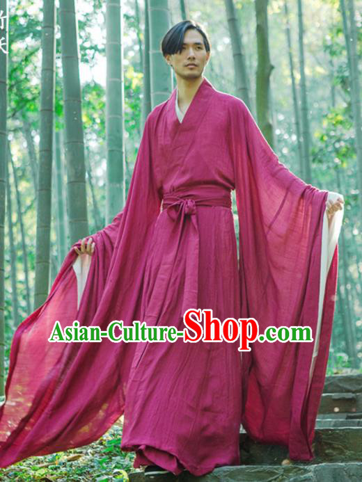 Chinese Ancient Traditional Han Dynasty Wine Red Cloak Scholar Swordsman Costumes for Men