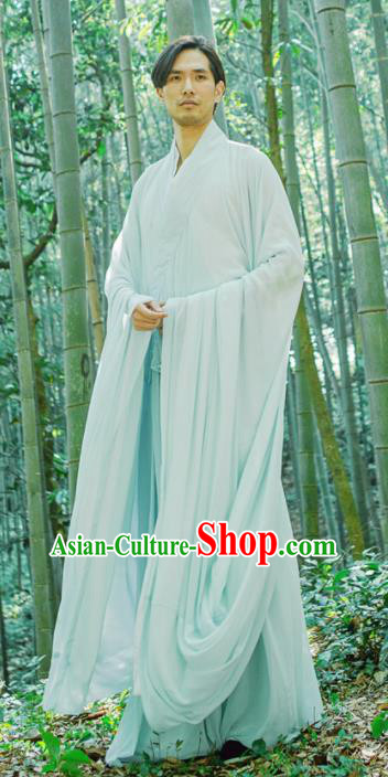 Chinese Ancient Traditional Han Dynasty Light Blue Cloak Scholar Swordsman Costumes for Men